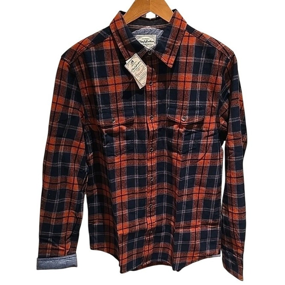 Flag & Anthem Mens Orange‎ Navy Plaid Flannel Button Down Shirt FA20WS278 NEW M